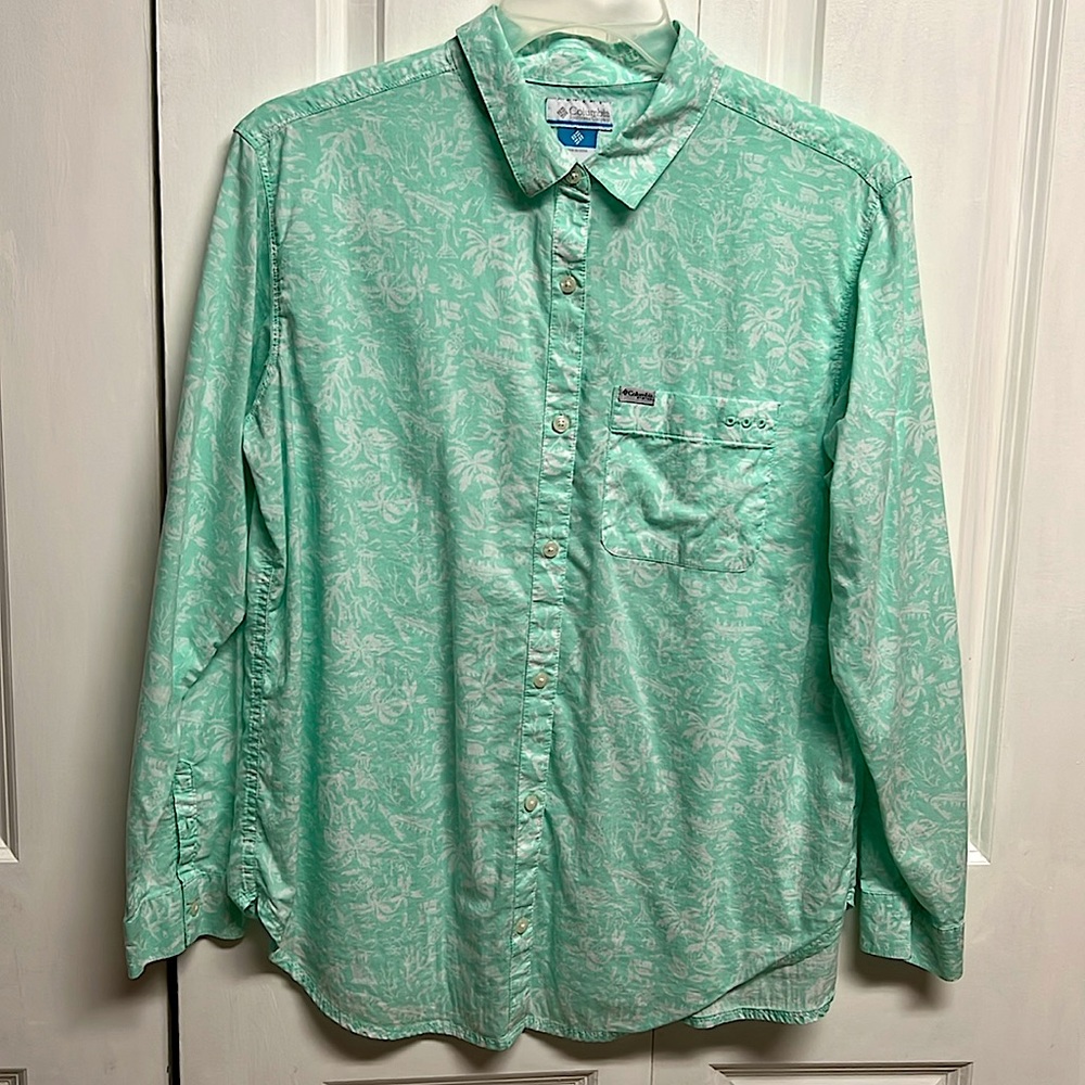 Columbia Green White Tropical Print Long Sleeve Pocket Top Size L
